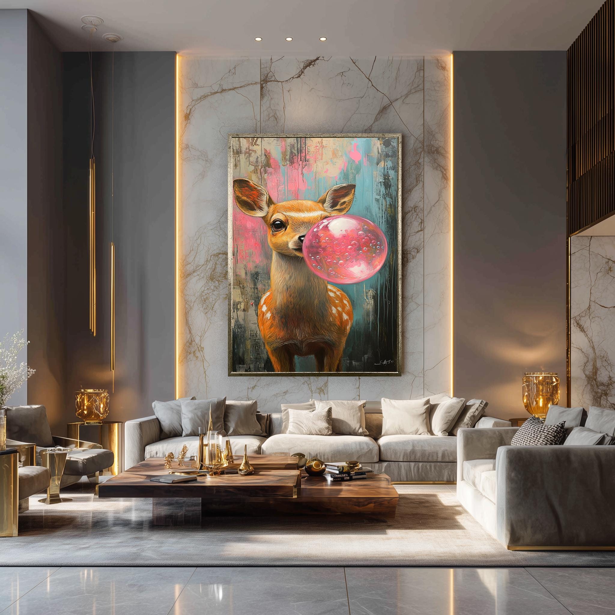 Deer Blowing Bubblegum Canvas – Cute Animal Nursery Wall Art with Colorful Grunge Background