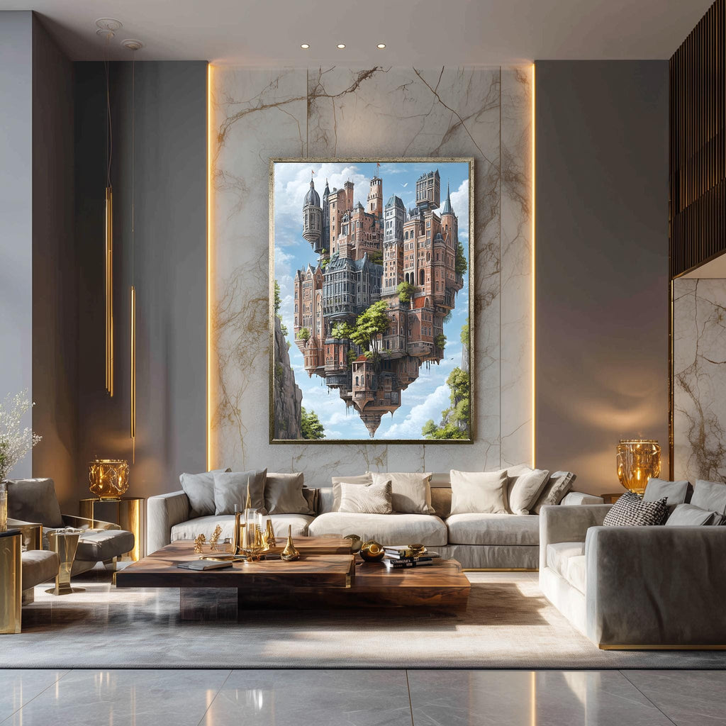 Floating Castle Canvas Surreal Sky Art – Magical Kingdom Print with Upside Down Buildings