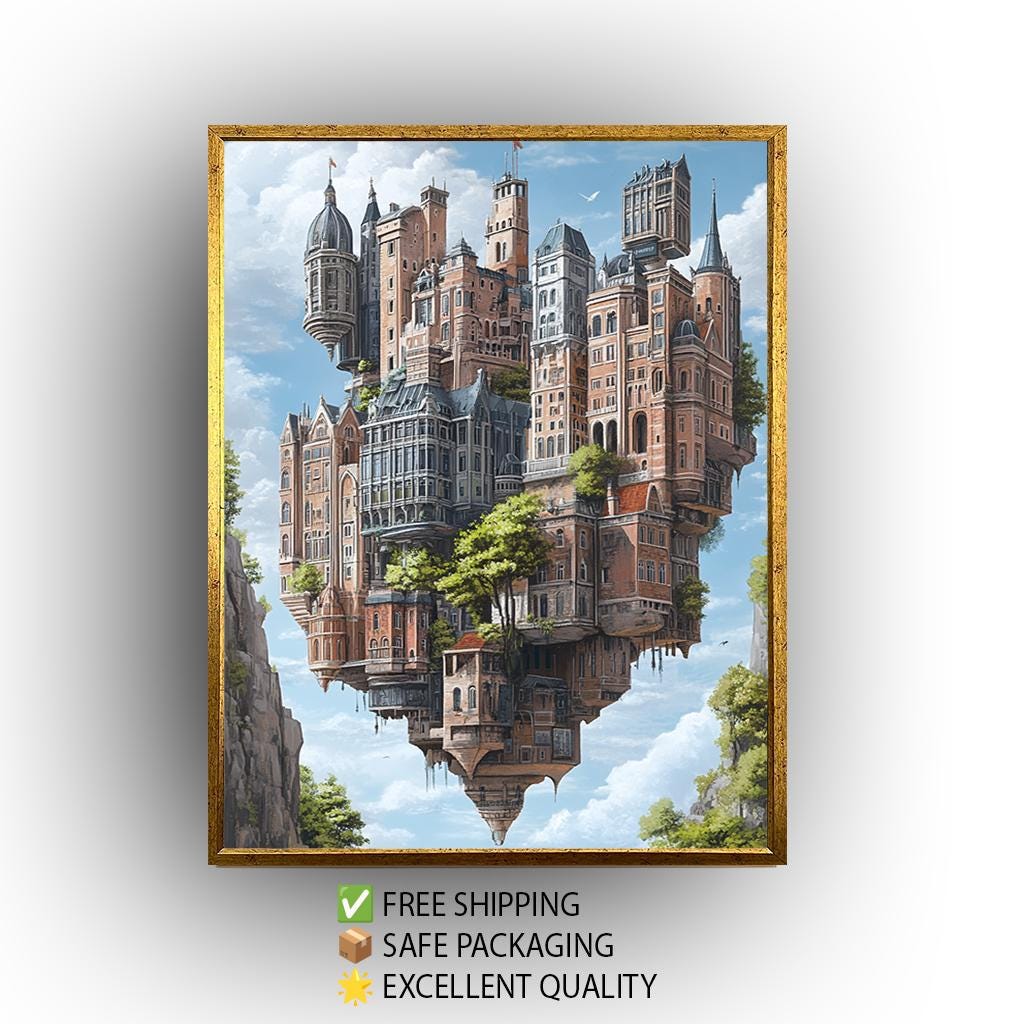 Floating Castle Canvas Surreal Sky Art – Magical Kingdom Print with Upside Down Buildings