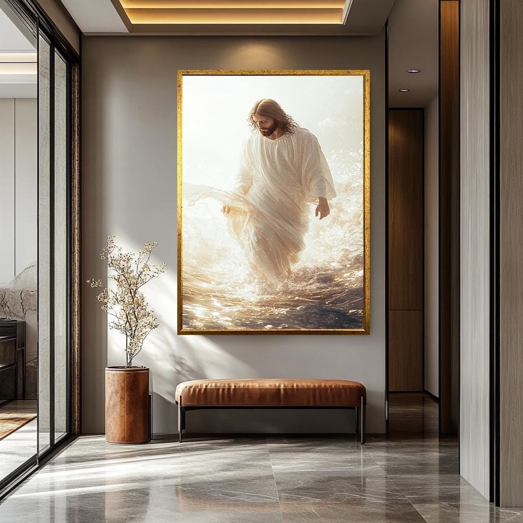 Jesus Walking On Water - White And Gold Canvas | Inspirational Christian Wall Art