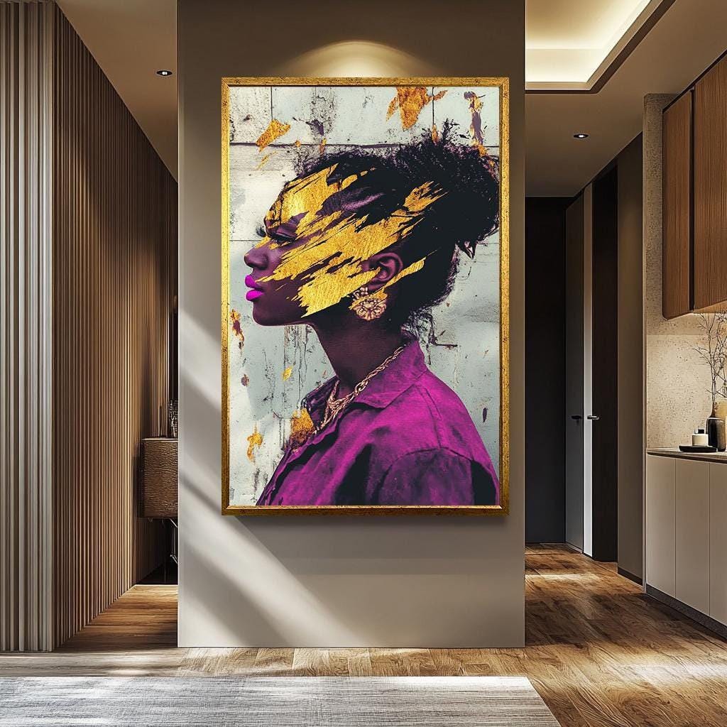 Black Woman Wall Art – Gold Abstract Canvas | Modern Feminine Decor, Vibrant Colors