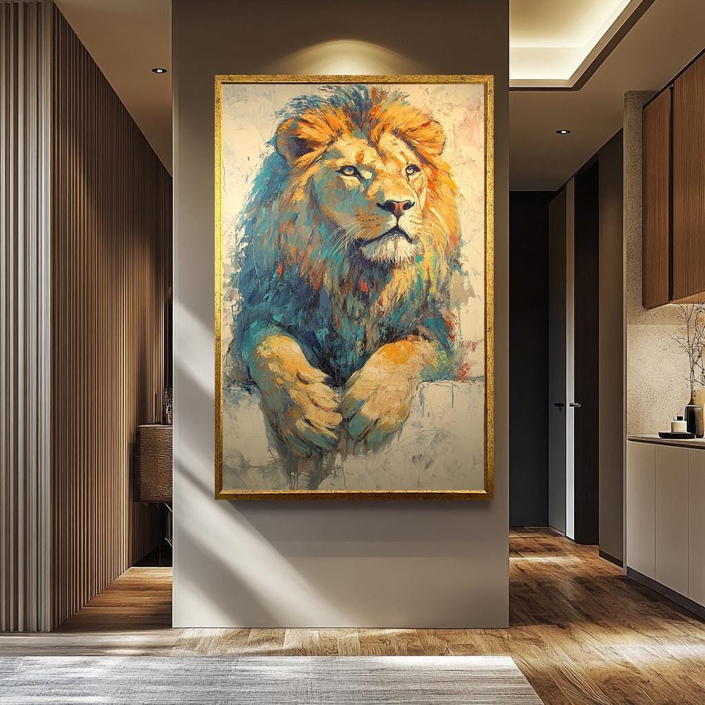 Lion Wall Decor | Abstract Lion Art Canvas Painting - Luxury Wildlife Wall Art