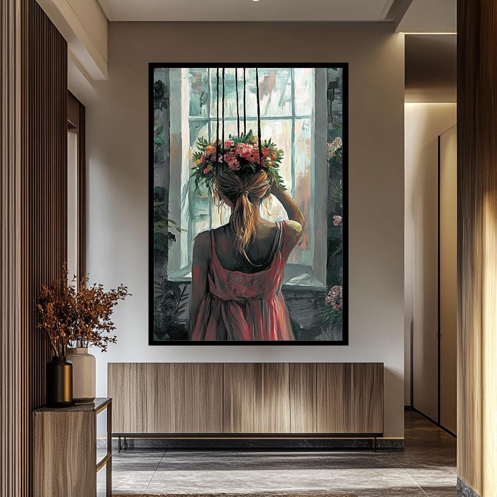 Romantic Woman Wall Art – Floral Head Painting | Feminine Aesthetic Artwork Canvas