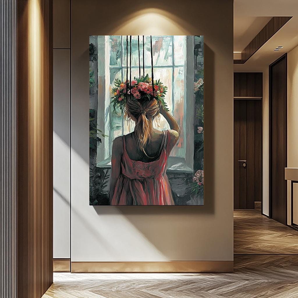 Romantic Woman Wall Art – Floral Head Painting | Feminine Aesthetic Artwork Canvas
