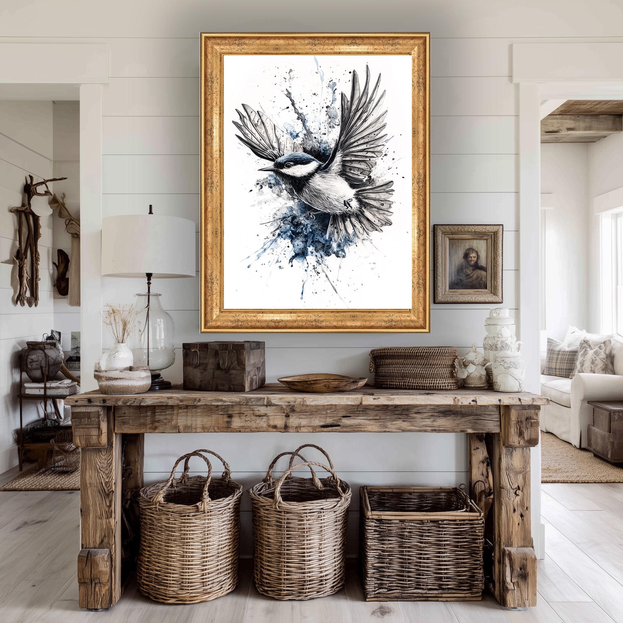 Bird Canvas Wall Art – Modern Watercolor Bird Print in Blue Black White Tones