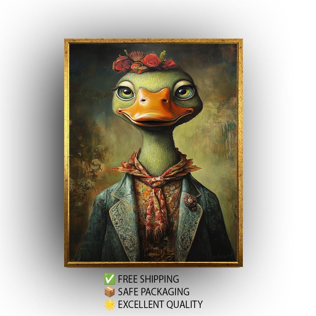 Whimsical Duck Canvas – Vintage Floral Crown Animal Portrait Print for Nursery Wall Art