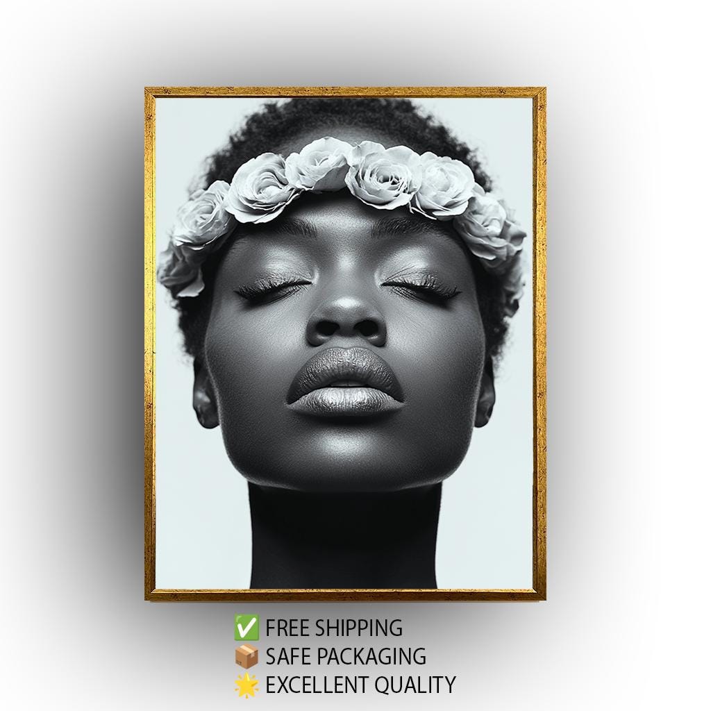 Black Woman Canvas Print – Monochrome Wall Art With Rose Crown Portrait