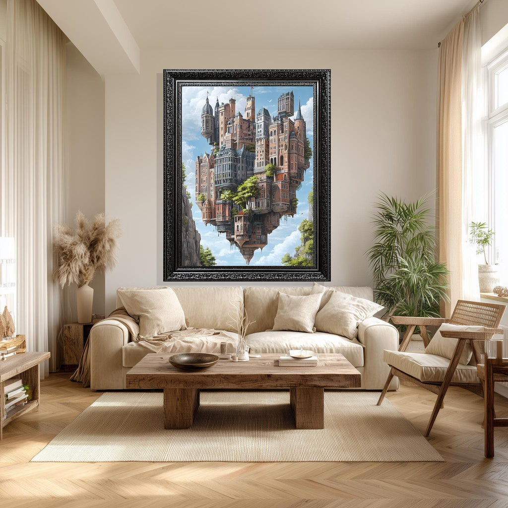 Floating Castle Canvas Surreal Sky Art – Magical Kingdom Print with Upside Down Buildings