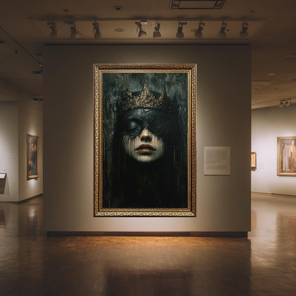 Dark Gothic Queen Art – Moody Fantasy Portrait Print With Crown | Gothic Wall Decor