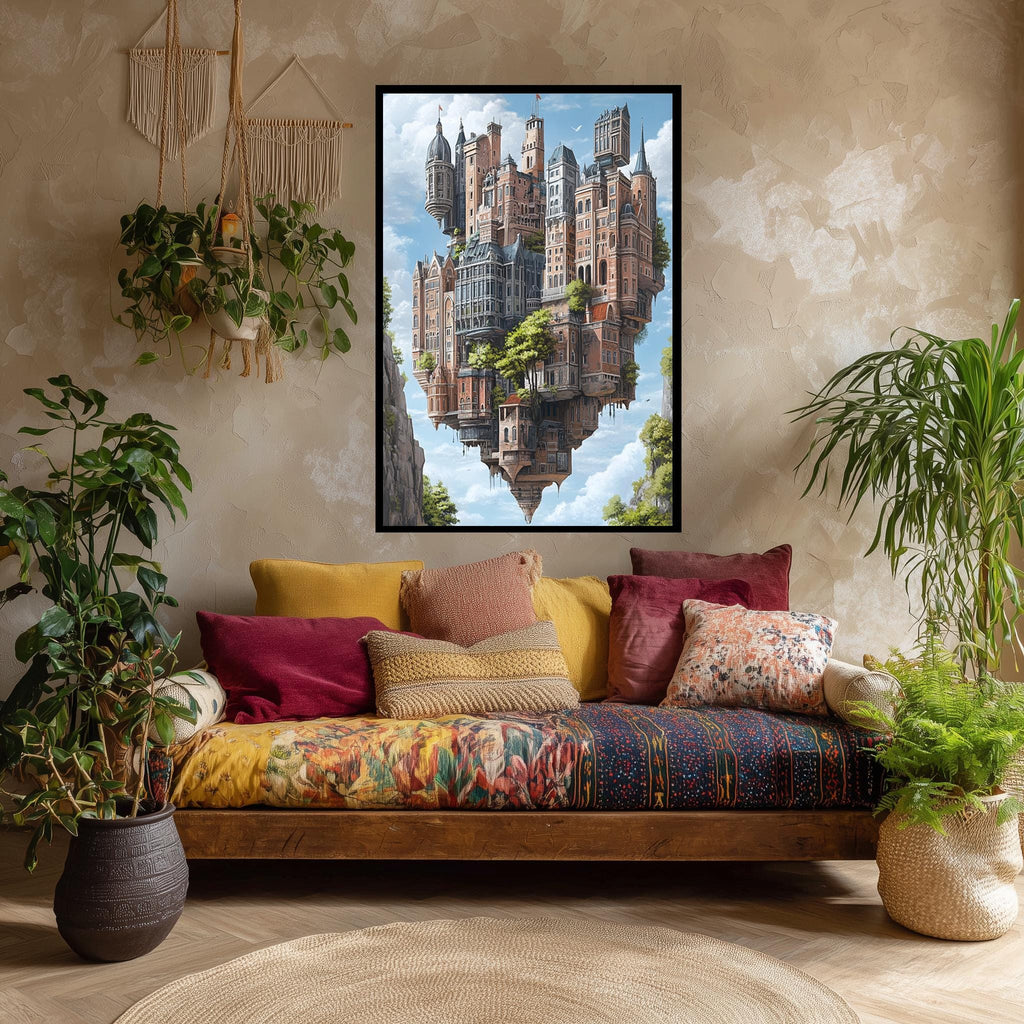 Floating Castle Canvas Surreal Sky Art – Magical Kingdom Print with Upside Down Buildings