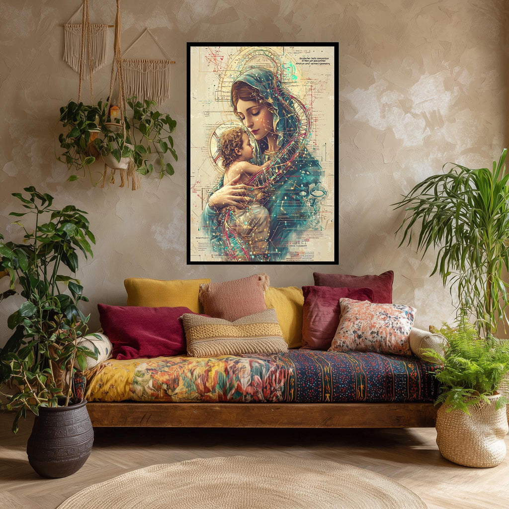 Mother and Child Canvas | Sacred Family Print - Virgin Mary Artwork with Double Helix Halo