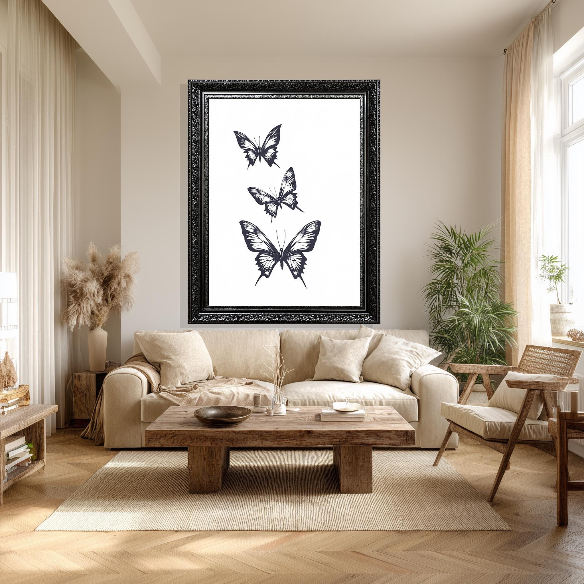 Black White Butterfly Art – Minimalist Wall Art Canvas Print | Elegant Nature Illustration