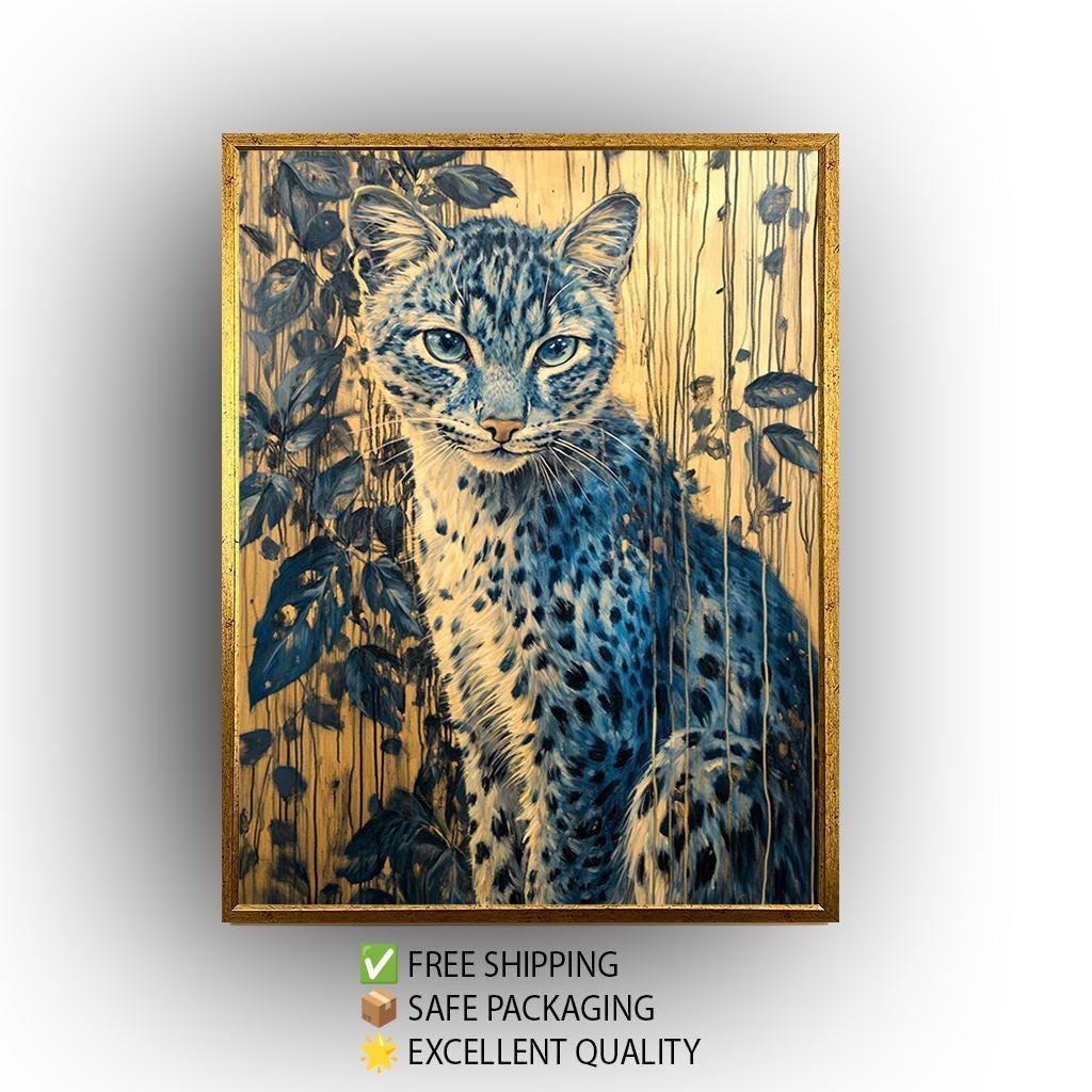 Blue Leopard Wall Art – Wildlife Canvas Print with Botanical Jungle Design