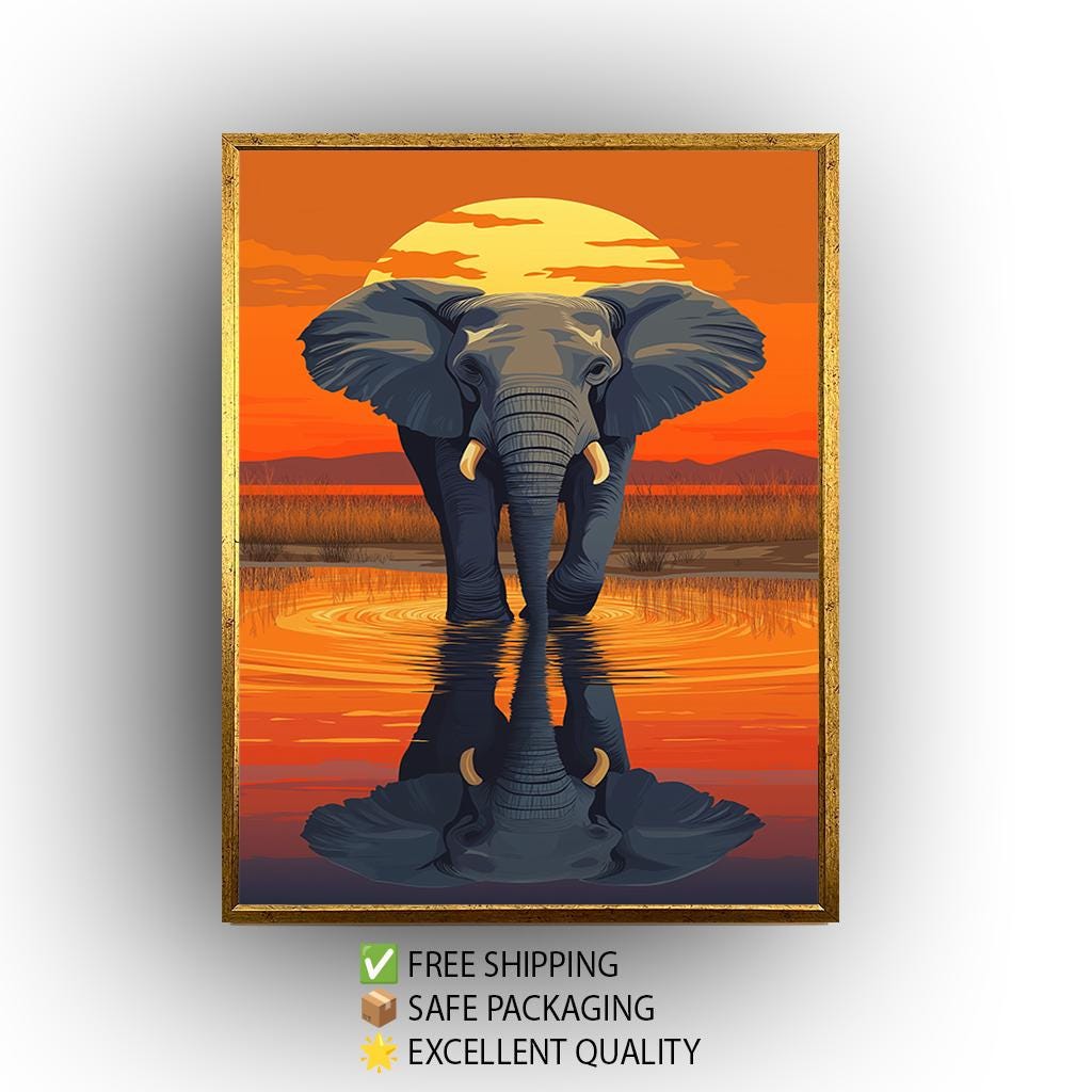 Elephant Canvas Wall Art – Majestic African Wildlife Sunset Reflection Print