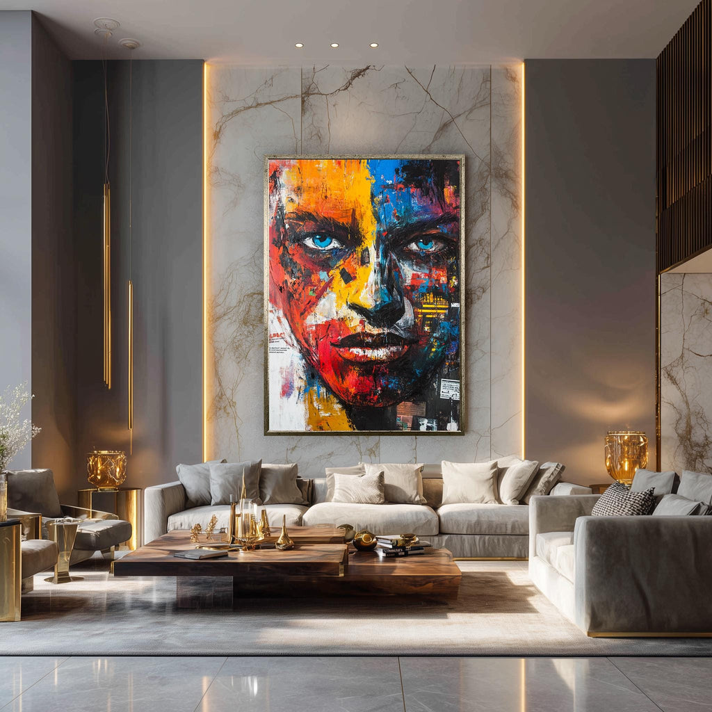 Abstract Face Canvas – Vibrant Wall Print With Intense Blue Eyes | Modern Wall Decor