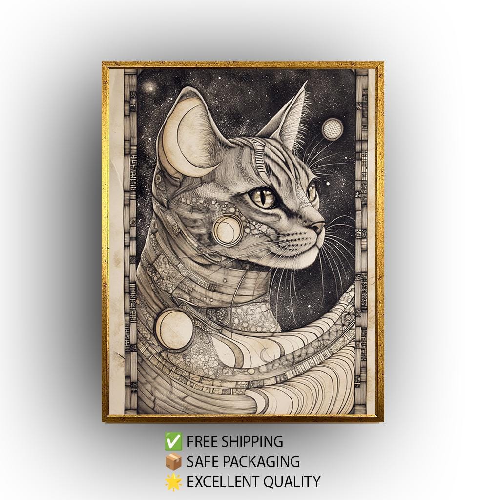 Art Nouveau Cat Canvas - Cosmic Cat Wall Art With Celestial Moon Phases