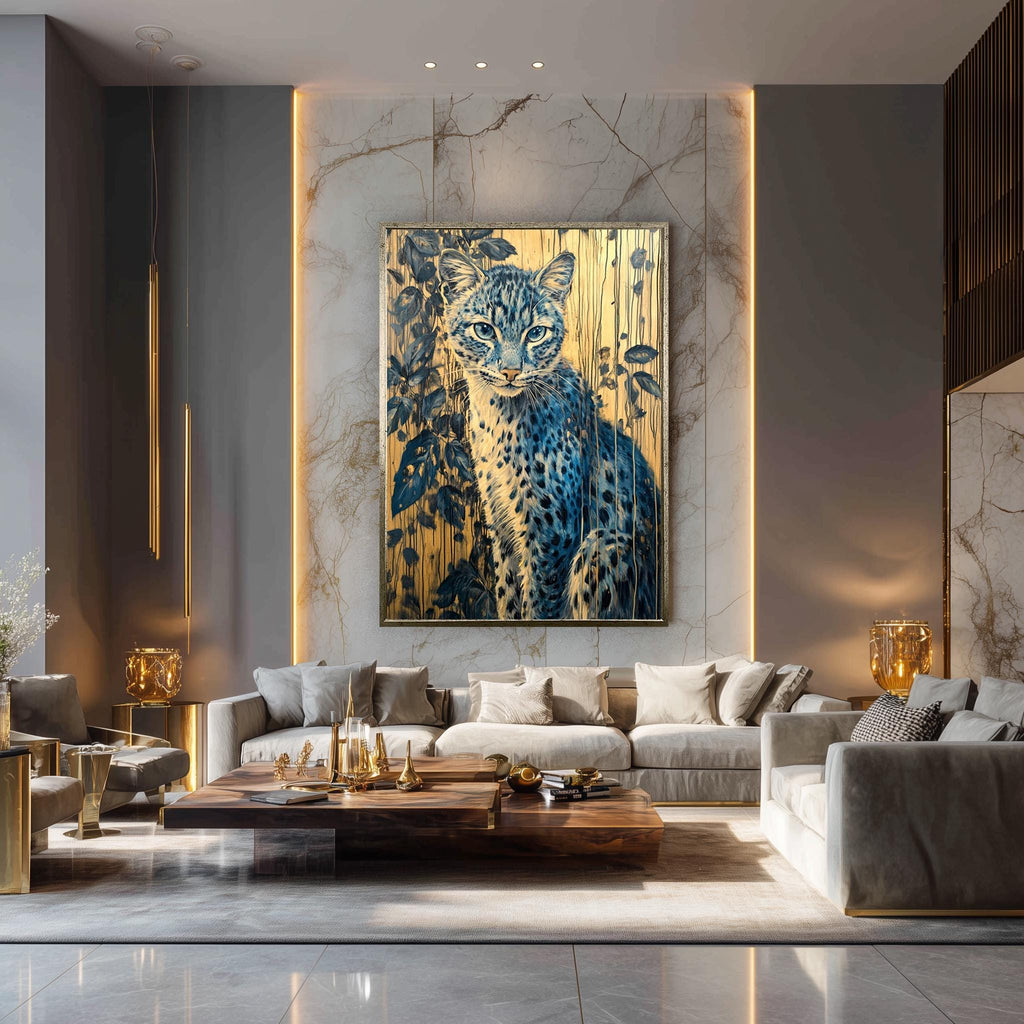 Blue Leopard Wall Art – Wildlife Canvas Print with Botanical Jungle Design