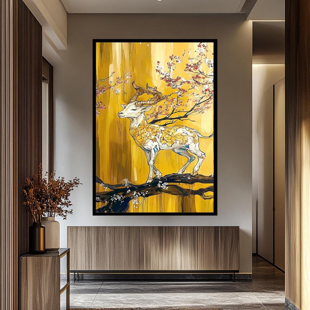 Golden Deer Wall Art - Abstract Hand-Painted Canvas with Cherry Blossom Decor