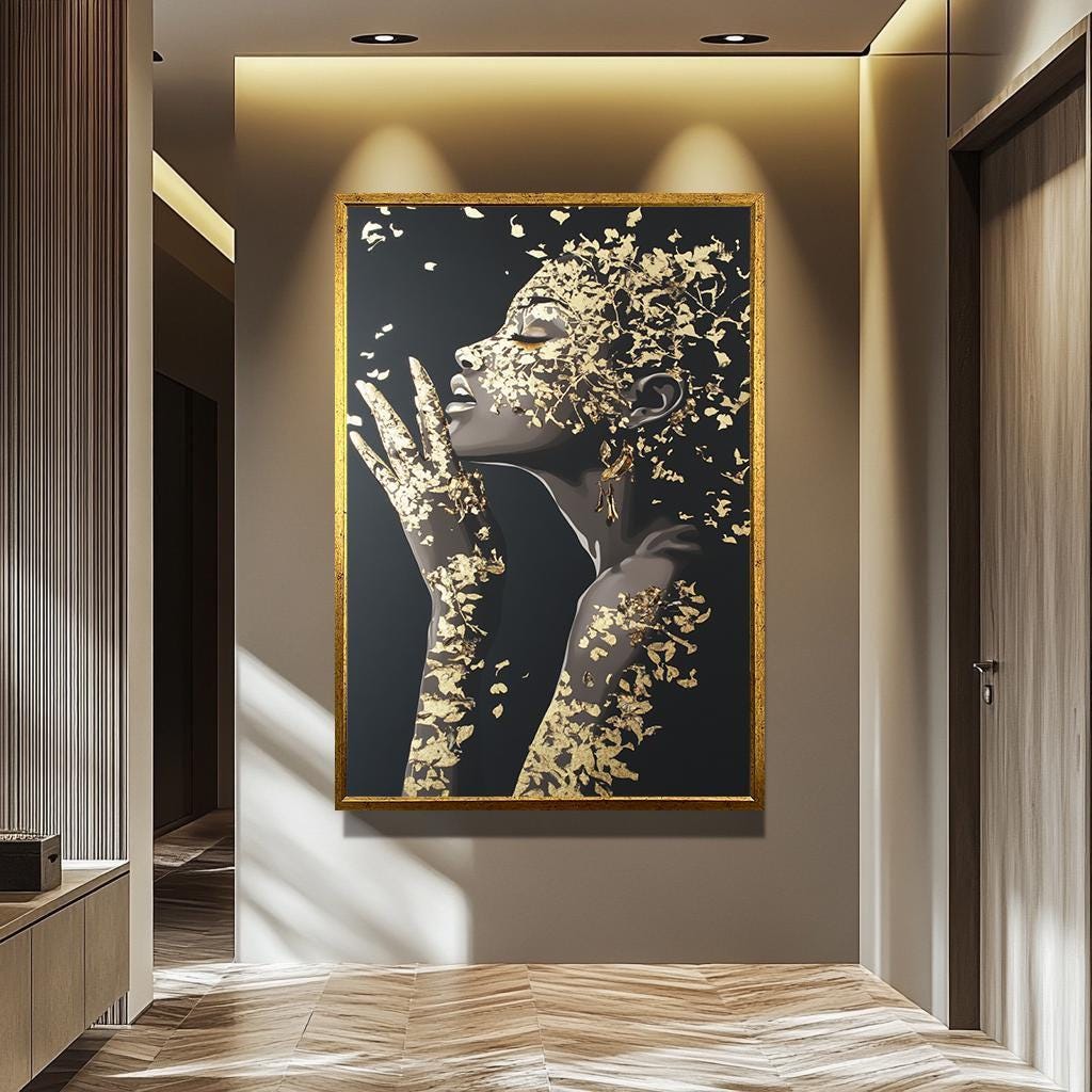 Luxury Woman Wall Art – Black Gold Female Portrait Print | Modern Wall Decor