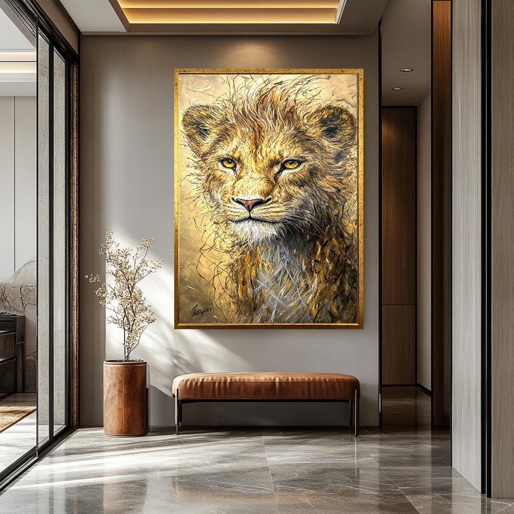 Golden Lion Cub Art – Luxury Wildlife Canvas Painting | Modern Lion Wall Decor