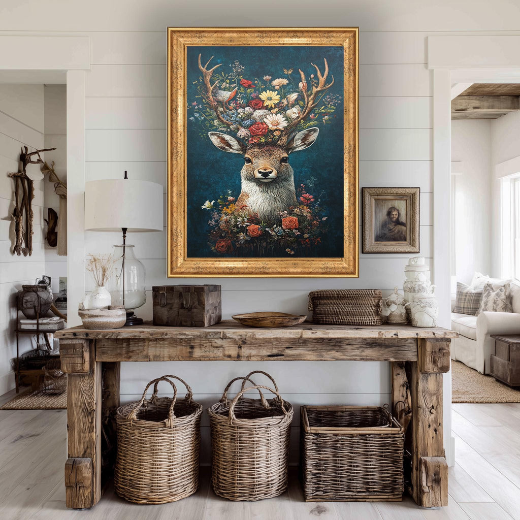 Floral Deer Wall Art – Whimsical Antler Flower Design Canvas for Nursery & Boho Decor