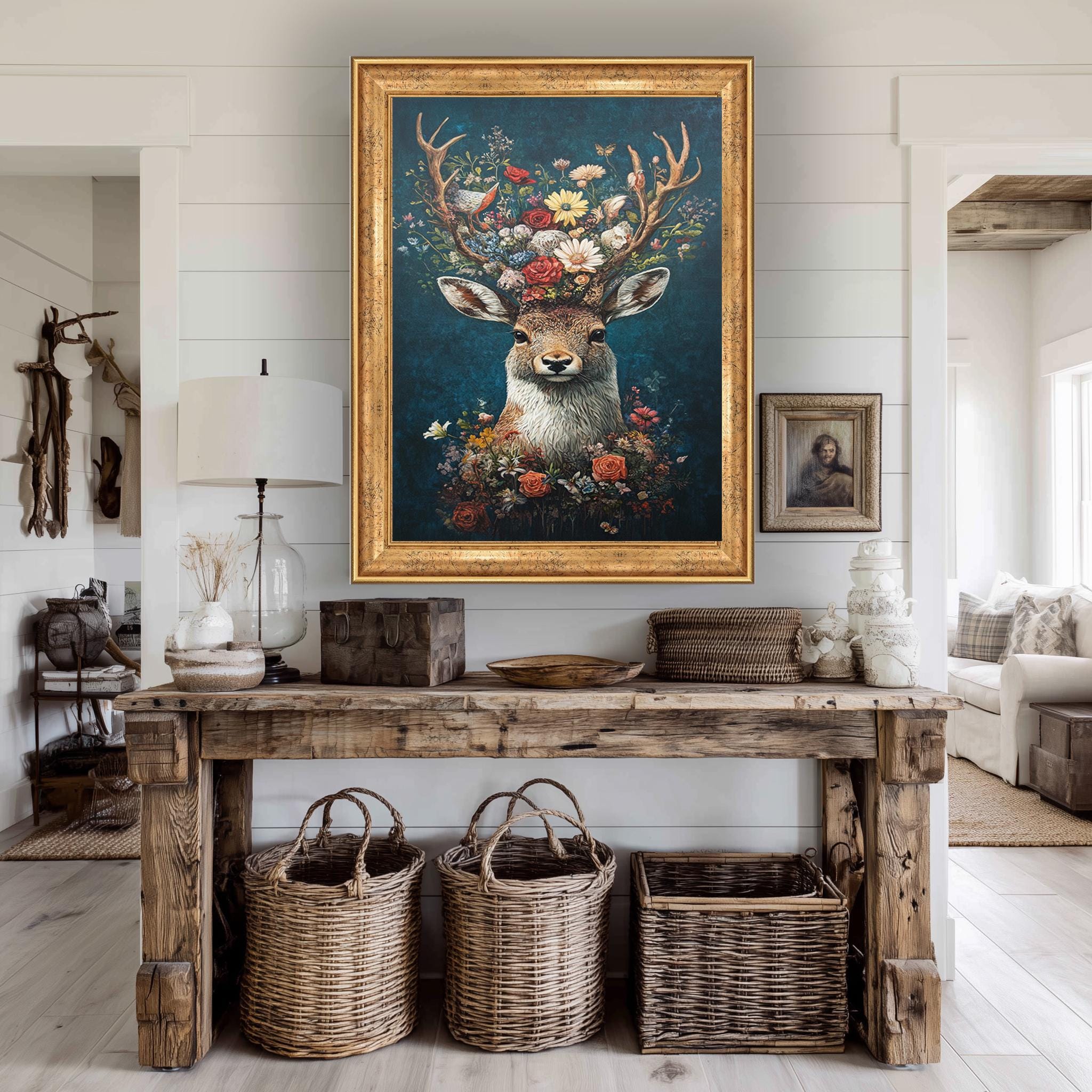 Floral Deer Wall Art – Whimsical Antler Flower Design Canvas for Nursery & Boho Decor