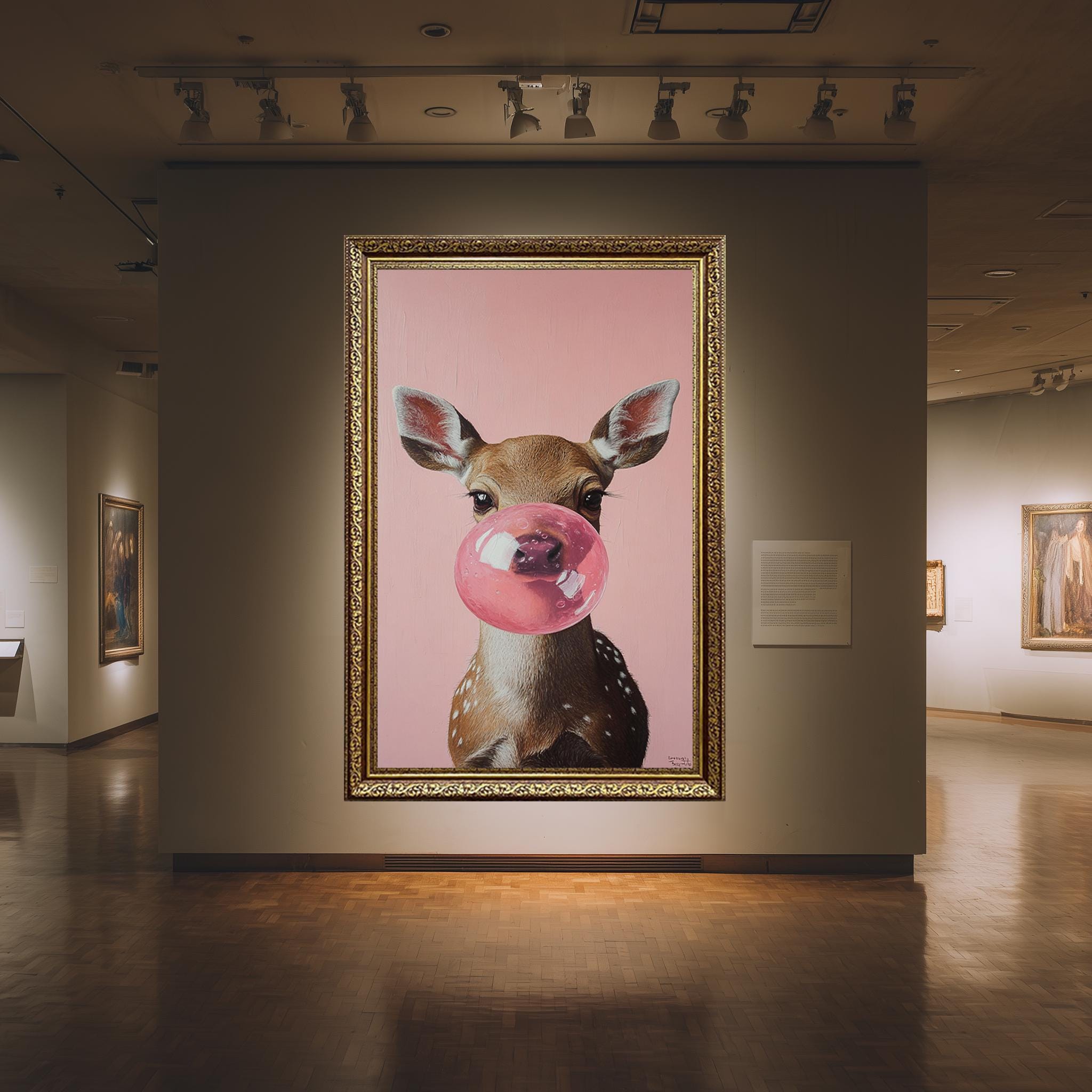 Deer Wall Art – Cute Bubble Gum Deer Print on Pink Nursery Canvas Decor