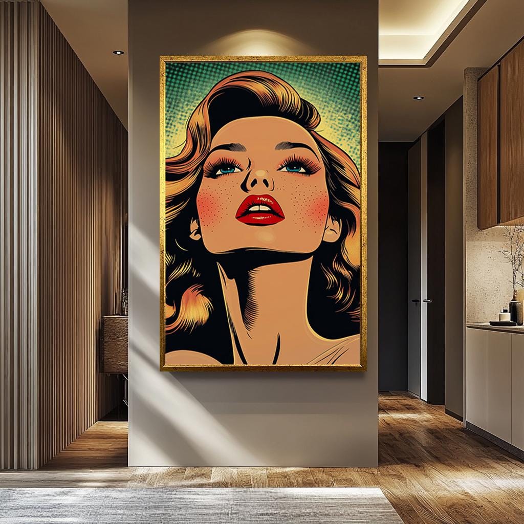 Pop Art Canvas Print – Retro Woman Artwork with Bold Red Lips & Freckles, Ready to Hang