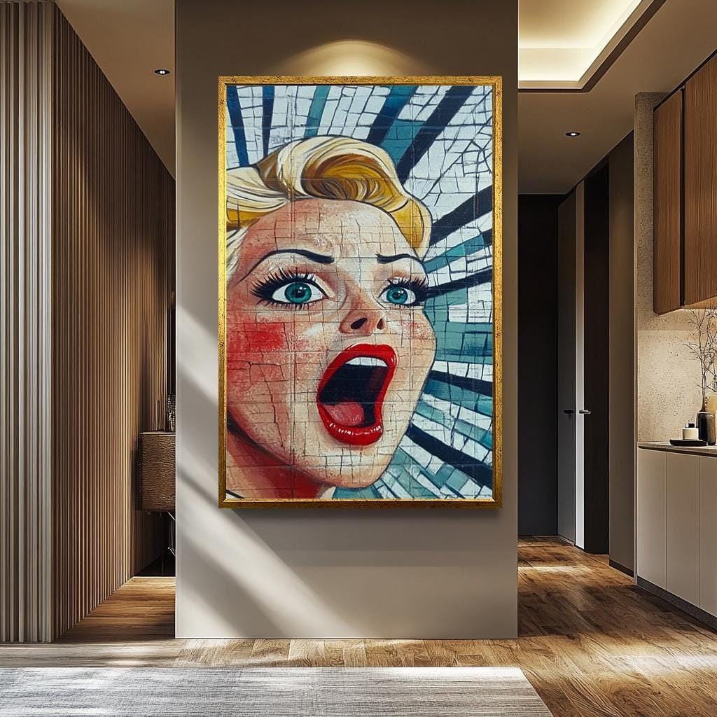 Pop Art Wall Art - Bold Wall Decor | Feminine Abstract Woman Portrait with Vintage Frame