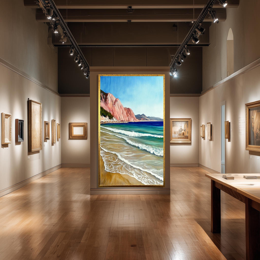 Beach Canvas Wall Art – Coastal Turquoise Sea Waves & Pink Cliffs Print