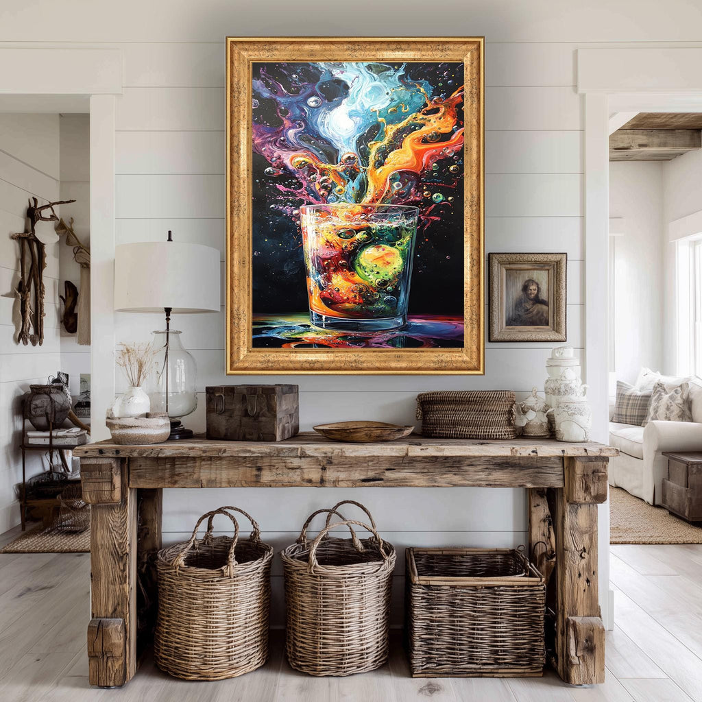 Colorful Cocktail Canvas – Bold Abstract Bar Artwork with Ice Cubes & Vibrant Splash Print