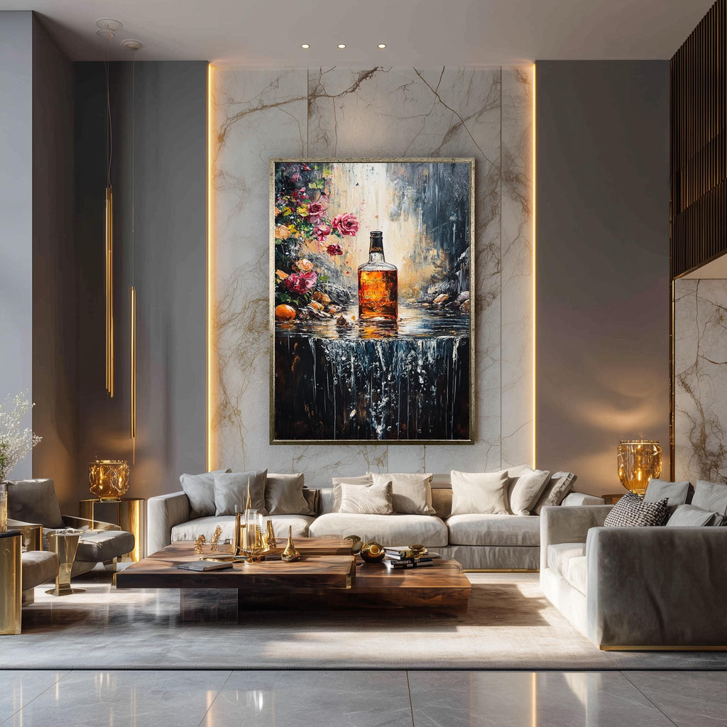 Whiskey Bottle Wall Art – Floral Canvas Print With Waterfall, Romantic Bar Artwork