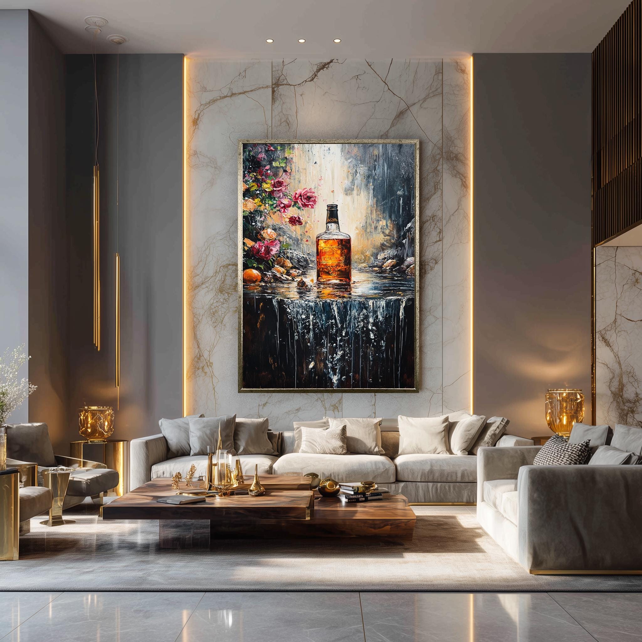 Whiskey Bottle Wall Art – Floral Canvas Print With Waterfall, Romantic Bar Artwork