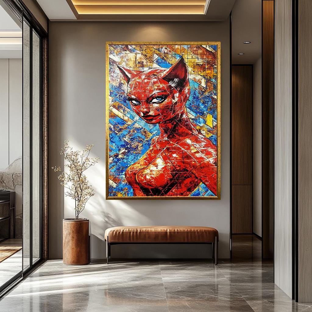 Pop Art Wall Art – Abstract Cat-Inspired Canvas Painting | Vibrant Colorful Decor