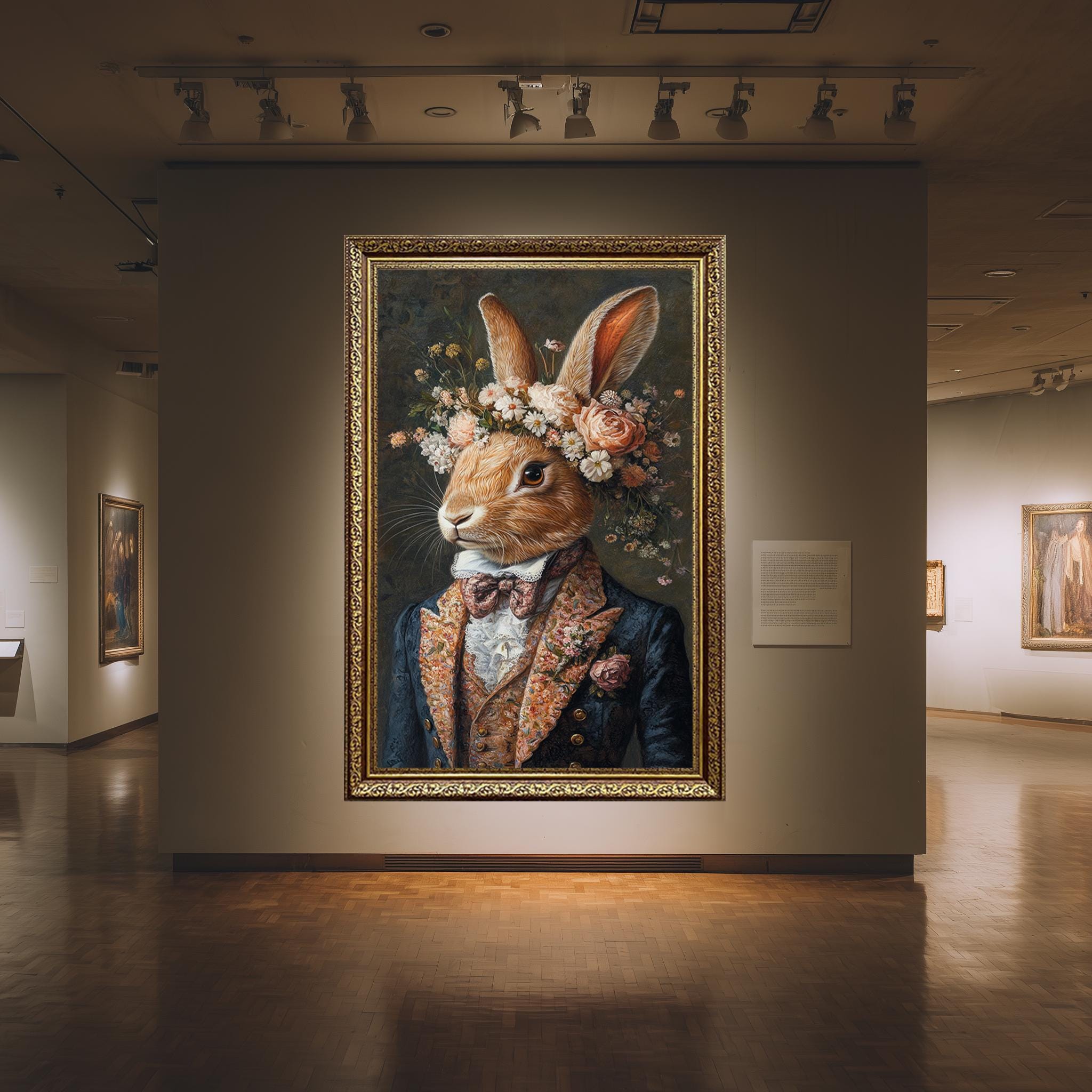 Victorian Rabbit Canvas Print – Elegant Floral Bunny Art with Rose Crown for Cottagecore Wall