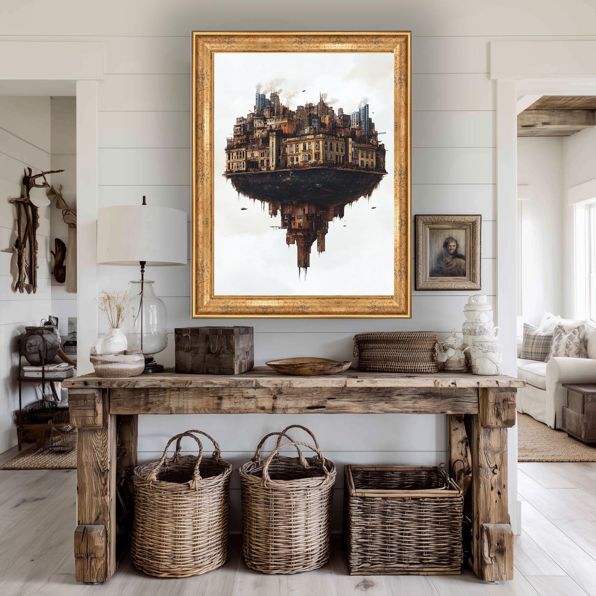 Floating City Canvas – Surreal Urban Fantasy Print with Inverted Buildings Art