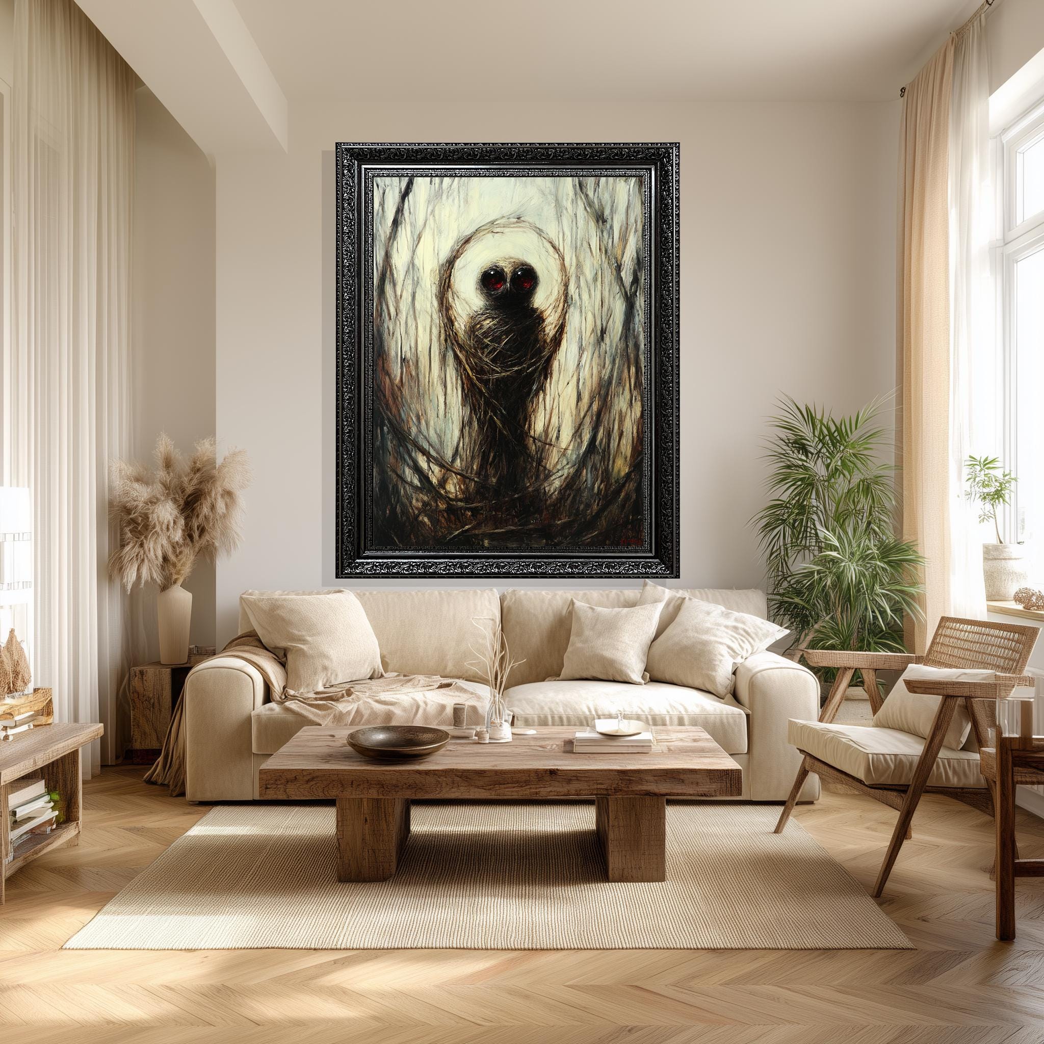 Dark Forest Creature Art – Surreal Gothic Wall Decor With Eerie Red Eyes Canvas