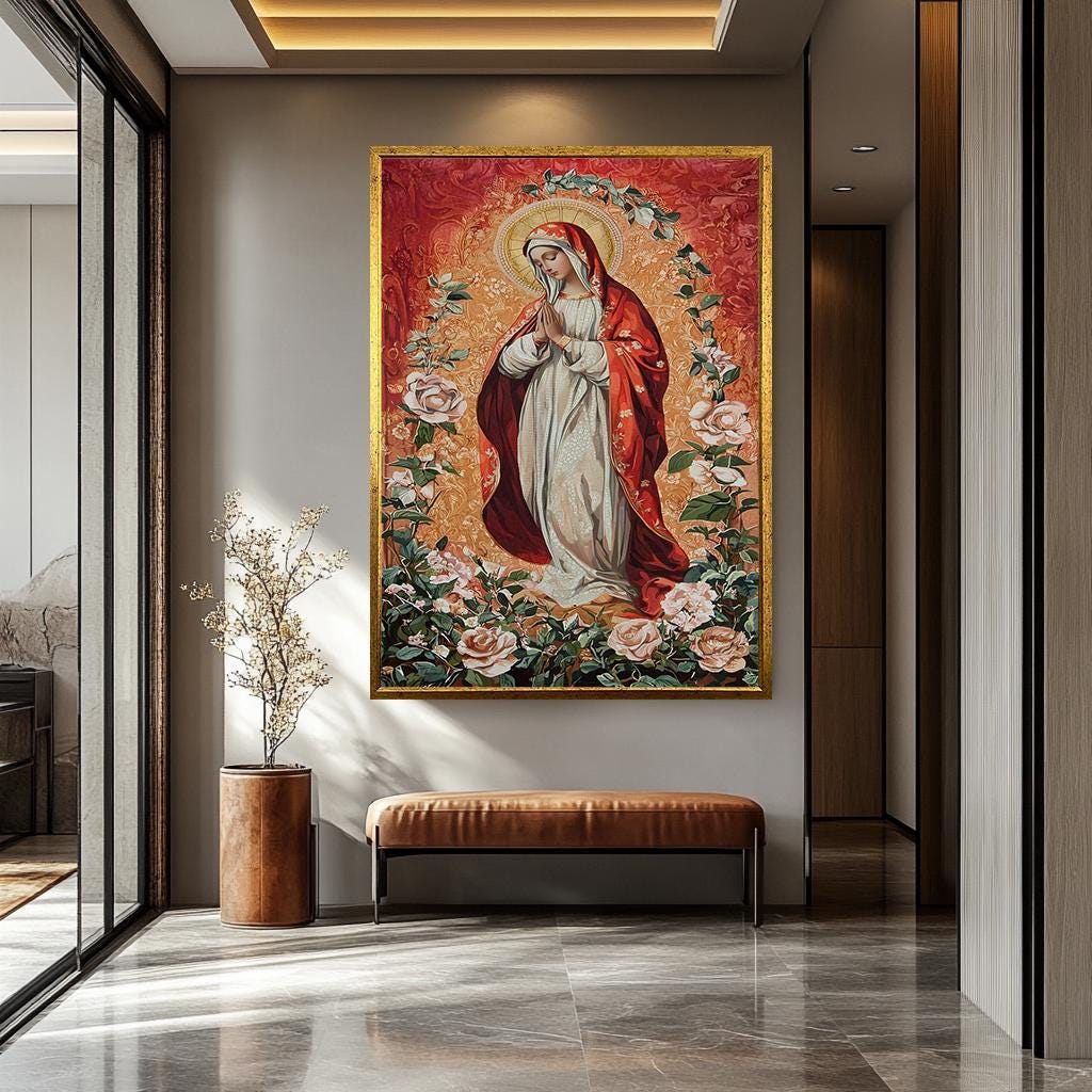 Virgin Mary Wall Art – Traditional Catholic Painting | Rose Garden Decor Canvas