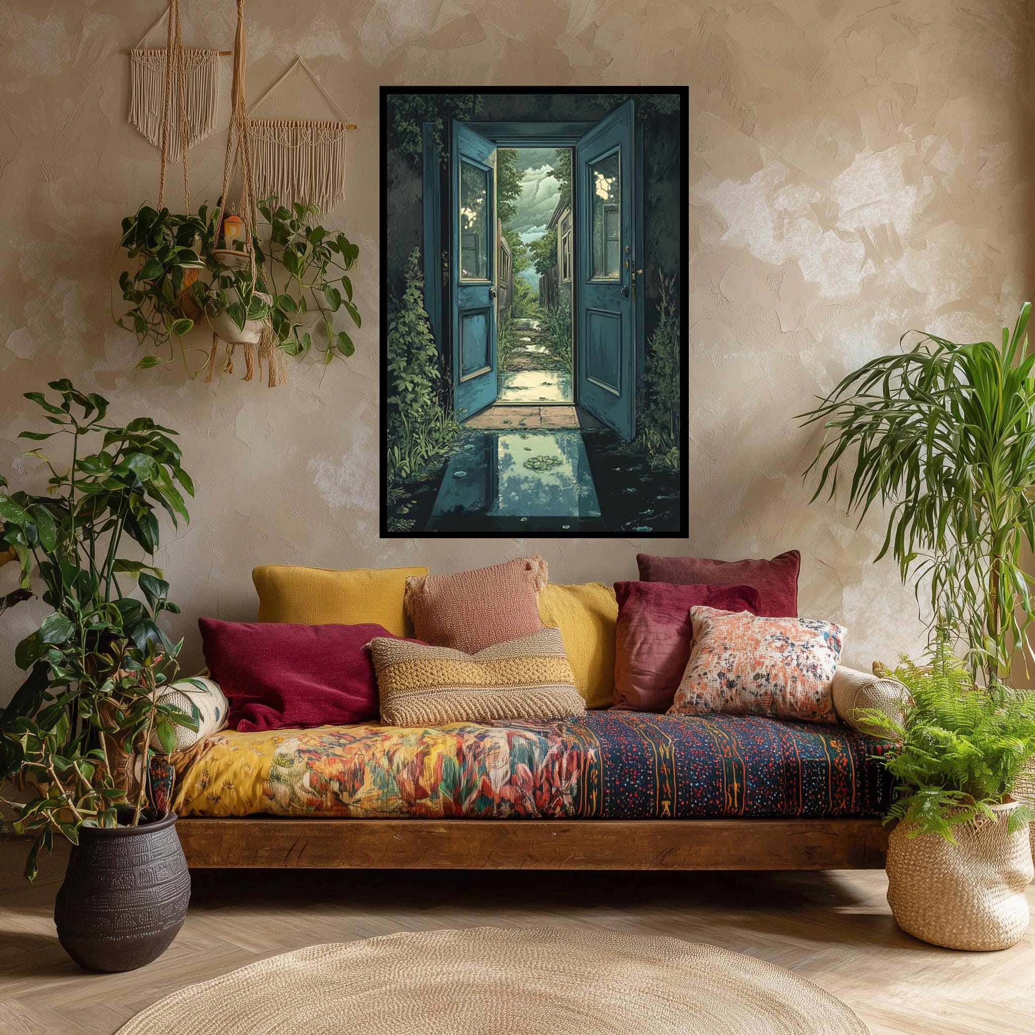 Surreal Open Door Art – Enchanted Door Canvas with Dreamlike Wall Decor & Mystical Garden Print