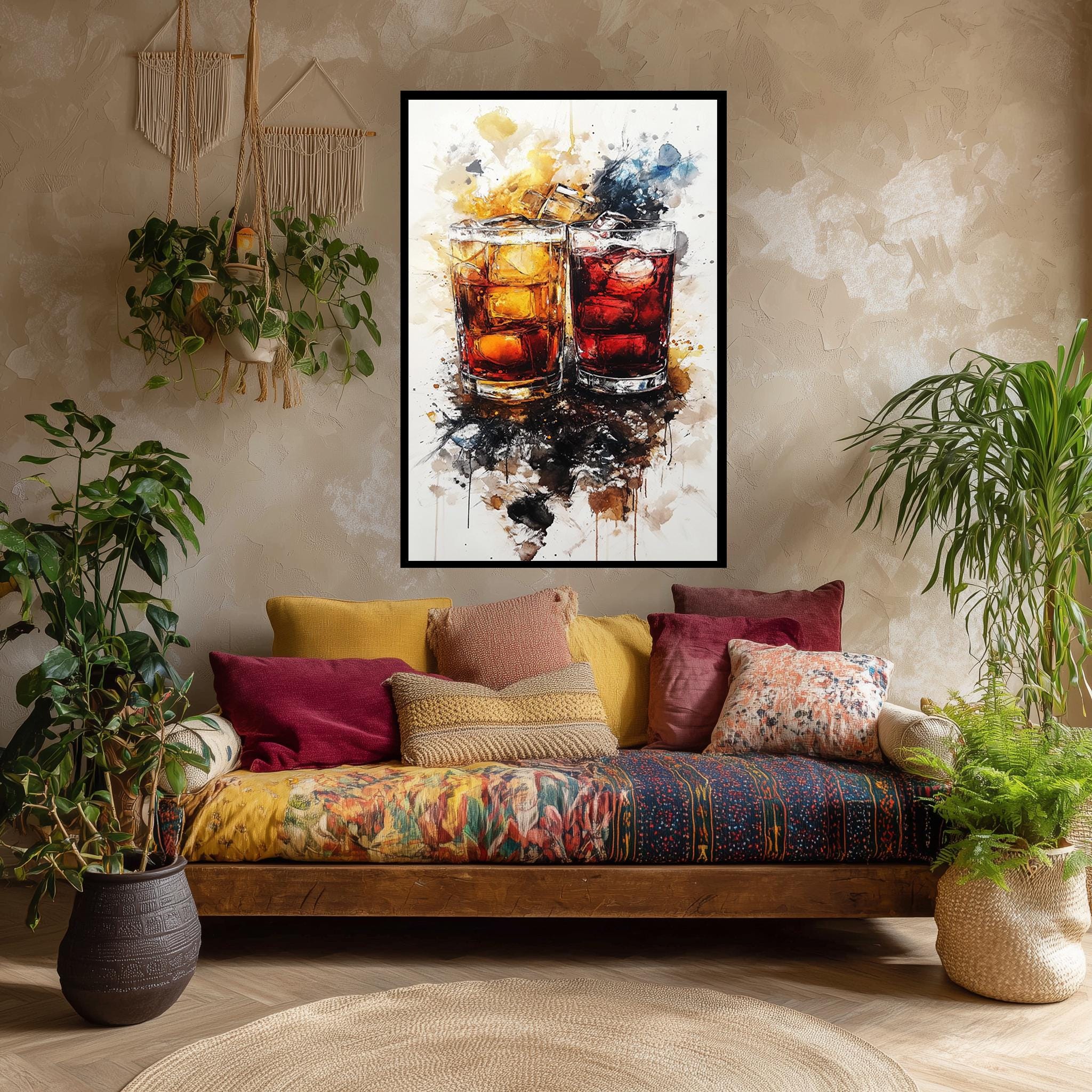 Whiskey Cocktail Wall Art – Abstract Drink Canvas with Ice & Amber Tones for Modern Bar Decor
