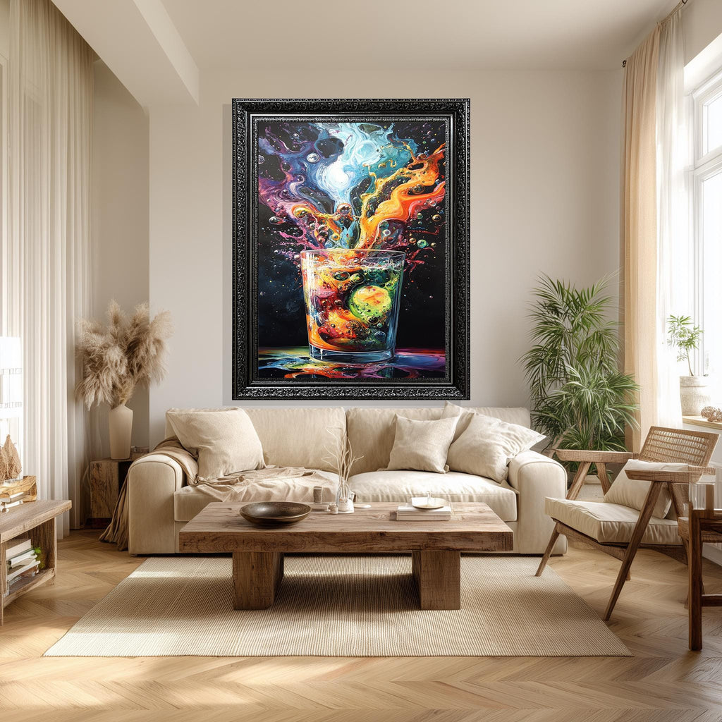 Colorful Cocktail Canvas – Bold Abstract Bar Artwork with Ice Cubes & Vibrant Splash Print
