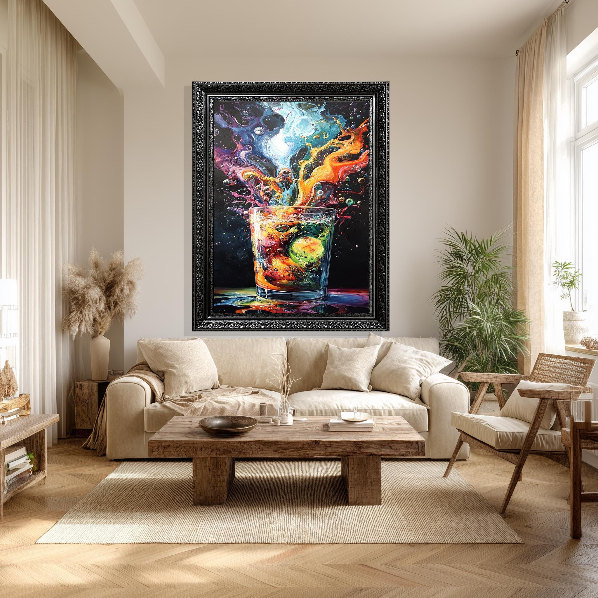 Colorful Cocktail Canvas – Bold Abstract Bar Artwork with Ice Cubes & Vibrant Splash Print