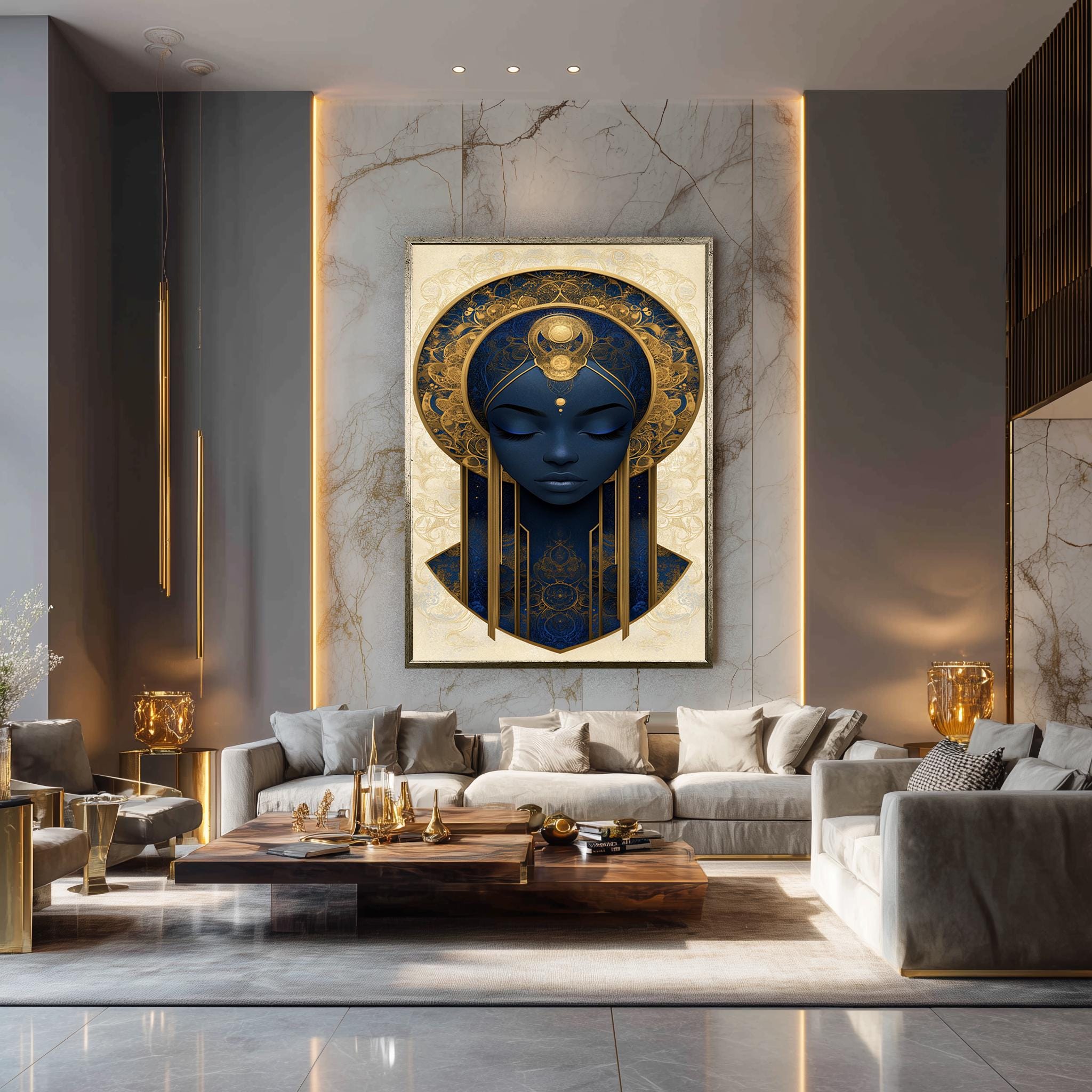 Divine Feminine Canvas Print – Afrocentric Wall Art With Blue Gold Detailing