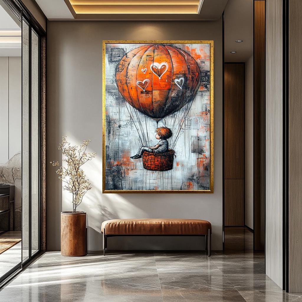 Orange Hot Air Balloon Art - Graffiti Style Canvas With Whimsical Hearts | Modern Urban Artwork