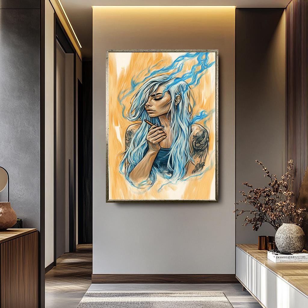 Boho Women Wall Art – Feminine Portrait Canvas with Blue Hair & Smoke Effect