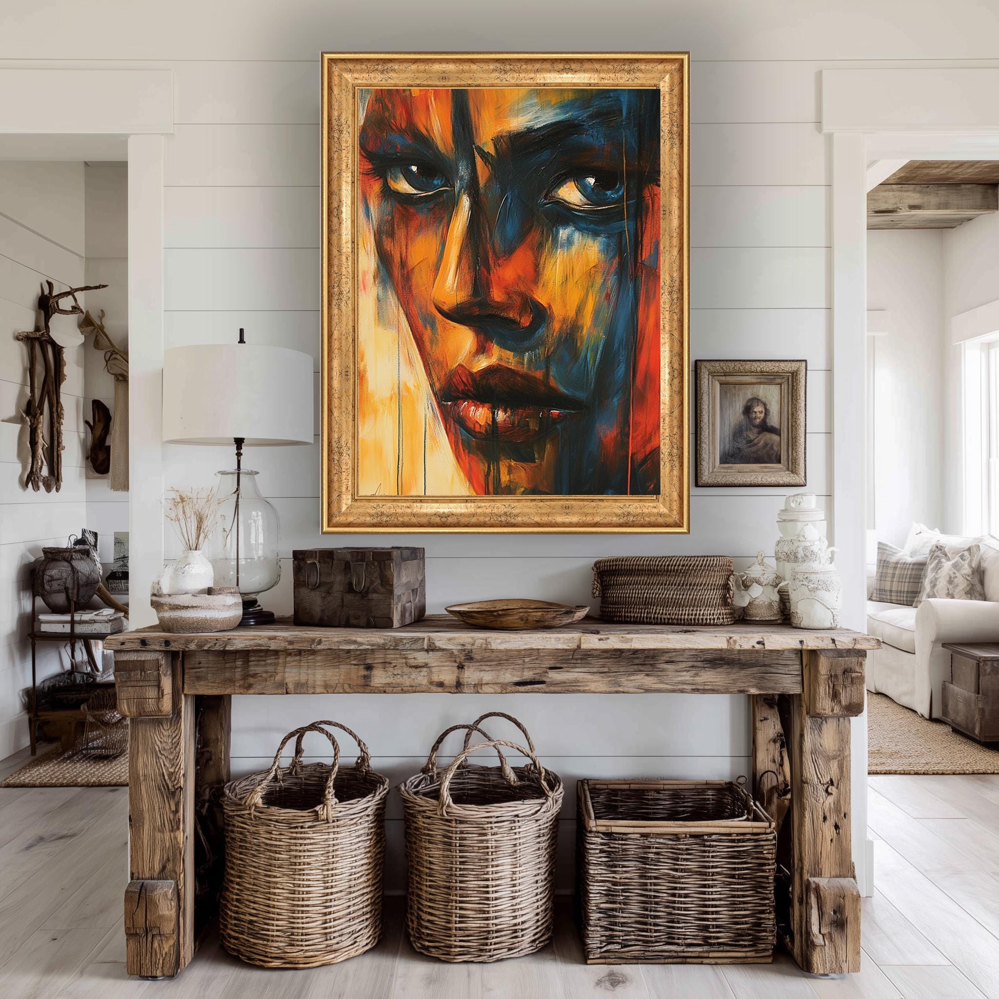 Abstract Face Canvas – Bold Expressive Art with Vibrant Red Blue Orange Tones