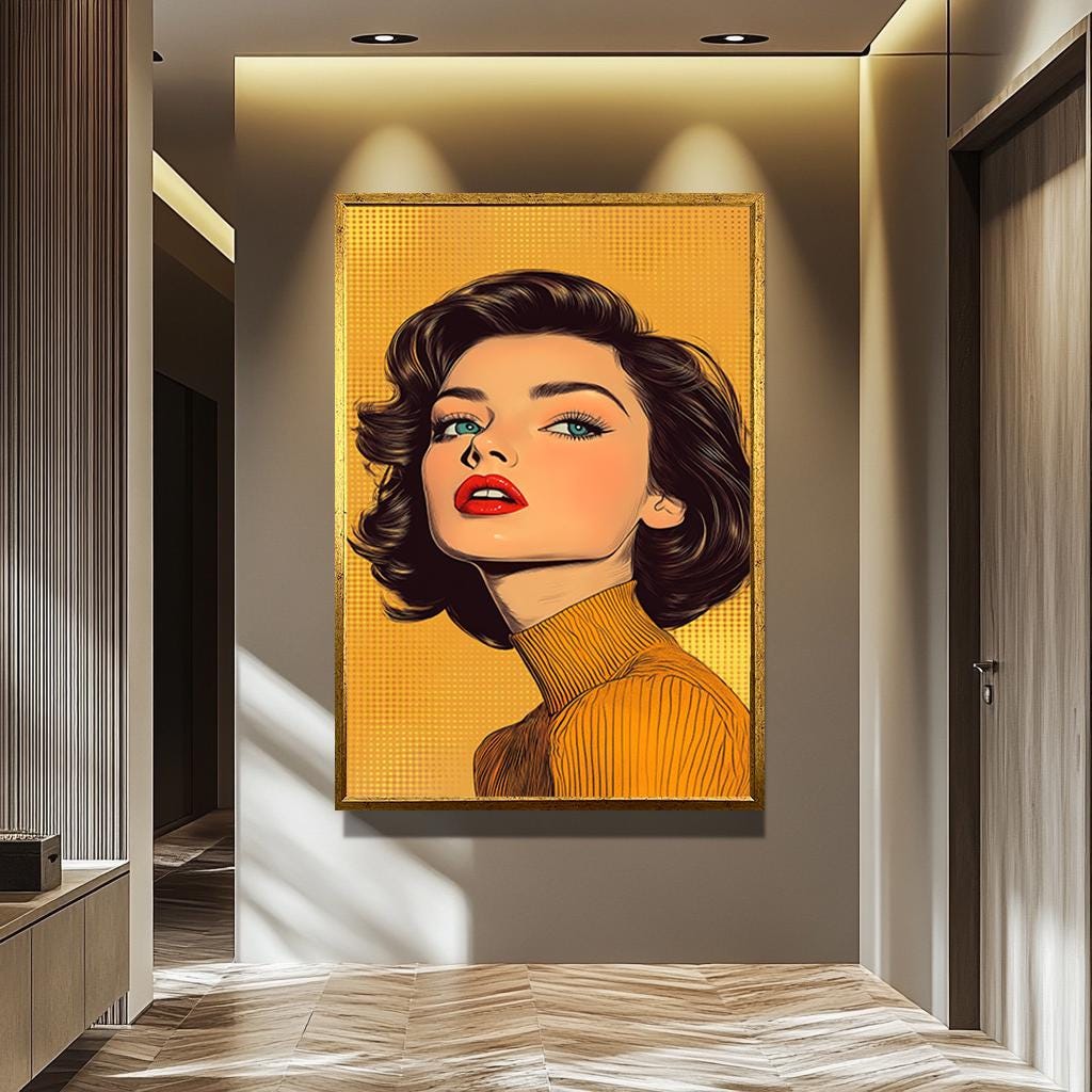 Pop Art Woman Canvas - Retro Wall Art With Bold Fashion Decor & Yellow Background Print