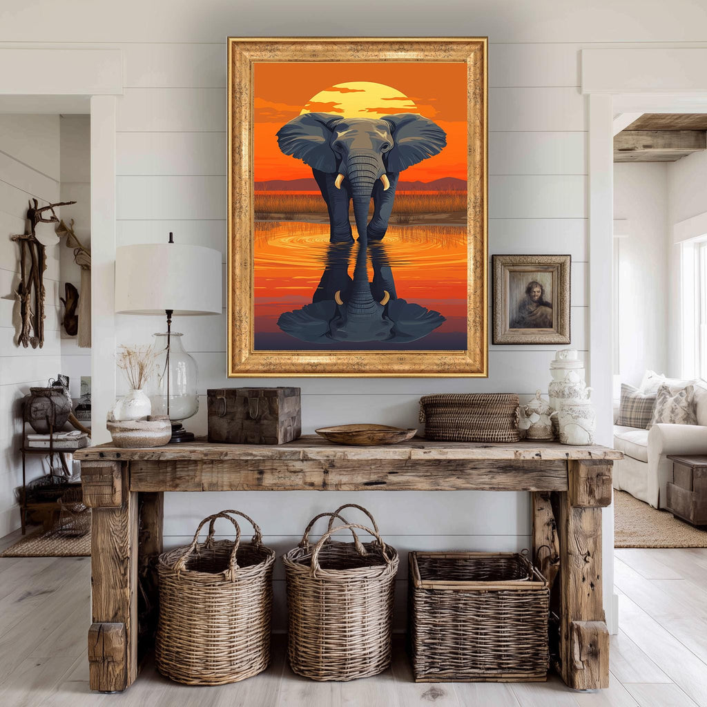 Elephant Canvas Wall Art – Majestic African Wildlife Sunset Reflection Print