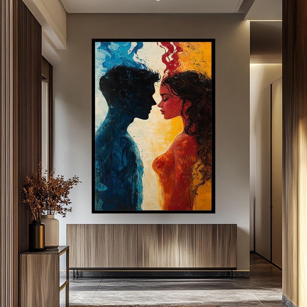Couple Wall Art - Abstract Fire and Ice Painting | Passionate Blue Red Canvas