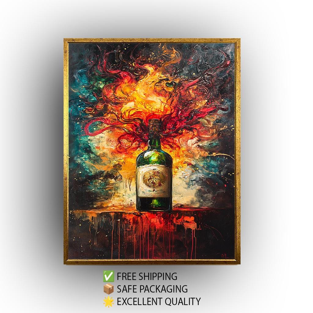 Whiskey Bottle Canvas Art – Fiery Abstract Liquor Print | Bold Bar Wall Decor